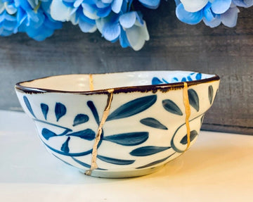 Kintsugi Bowl, Home Decor, Personalized Gifts, Gifts for Her, Wedding Gifts, Kintsugi Repaired Blue Petal Print White Bowl Gold Inlay